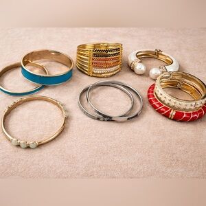 Statement Bangles Bracelet Lot – Mostly Vintage – Enamel, Gold-Tone